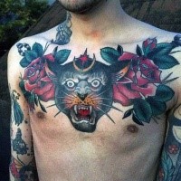 Typical illustrative style colored chest tattoo of black panther and flowers
