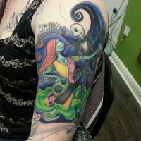 Typical illustrative style shoulder tattoo of Nightmare before Christmas couple with small dog like ghost