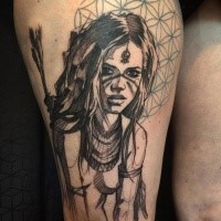 Typical illustrative style thigh tattoo of Indian woman archer