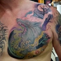 Typical multicolored chest tattoo of werewolf in fog