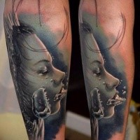 Typical multicolored forearm tattoo of drowned woman