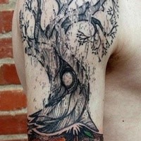 Typical multicolored shoulder tattoo of fantasy tree