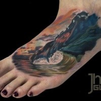 Typical nice painted and colored foot tattoo of big wave