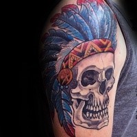 Typical old school style colored big shoulder tattoo of Indian skull with feather