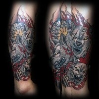 Typical old school style tattoo of bloody Cerberus with flames