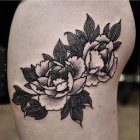 Typical painted black ink thigh tattoo of nice flowers