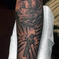 Unbelievable black and gray style praying hands tattoo on forearm combined with cross