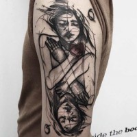 Unbelievable black ink sketch style mirrored woman tattoo on shoulder with red heart