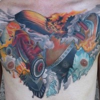 Unbelievable colored chest tattoo of Titanic and steam train