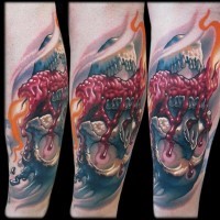 Unbelievable colored fantasy skull tattoo on arm with burning candle