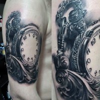 Unbelievable designed and painted black and white gorgeous old clock tattoo on arm