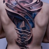 Unbelievable looking colored big whole back tattoo of under skin woman with ribbon