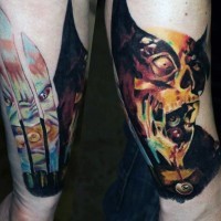 Unbelievable multicolored forearm tattoo of various comic books monsters