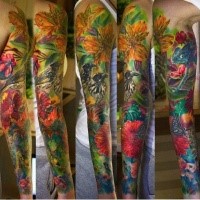 Unbelievable realism style colored large sleeve tattoo of various flowers with birds and butterflies