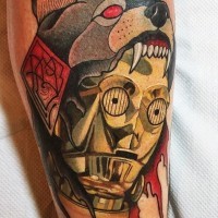 Tatuaje en la pierna, C3PO increíble con casco de lobo