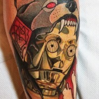 Unbelievable very detailed C3PO tattoo on leg stylized with demonic wolf helmet