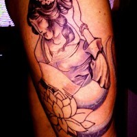 Unfinished black and white Asian geisha tattoo on thigh with flowers in hair