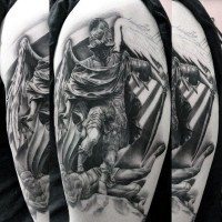 Unfinished black and white shoulder tattoo of antic angel warrior