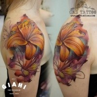 Unfinished colored shoulder tattoo of big flower
