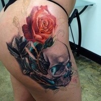 Unfinished colored thigh tattoo of magical human skull with rose