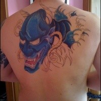 Unfinished colored upper back tattoo of demonic woman with rope and waves