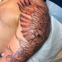Unfinished half colored shoulder tattoo of big detailed eagle