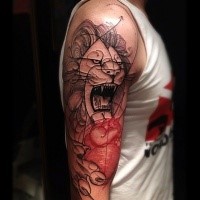 Unfinished half colored shoulder tattoo of roaring lion and human heart