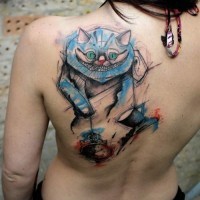 Unfinished homemade like colored smiling Cheshire Cat tattoo on back