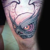 Unfinished neo traditional colored thigh tattoo of owl