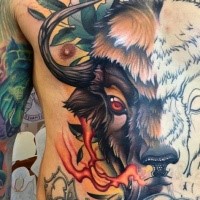 Unfinished new school style colored chest and belly tattoo of bull with flames
