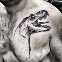 Unfinished sketch style chest tattoo of angry dinosaur