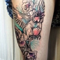Unfinished sketch style colored thigh tattoo of flying bird, flowers and heart