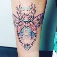 Unfinished stippling style arm tattoo of interesting bug with jewelry