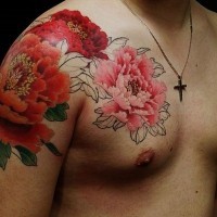 Unfinished work super realistic red peony flowers tattoo on chest and shoulder