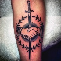 Unique black and white hand shaking with sword tattoo on arm
