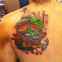 Einzigartiges farbiges lustiges im Cartoon-Stil Tattoo am oberen Rücken mit fliegendem Haus-Schiff