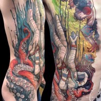 Unique combined colored space with astronaut under water side tattoo stylized with jellyfish and octopus