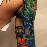 Unique combined colored space with skull and flower tattoo on sleeve