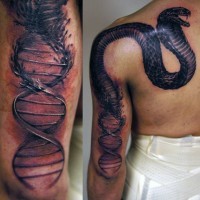 Tatuaje en el brazo y hombro, mitad ADN gris mitad serpiente negro