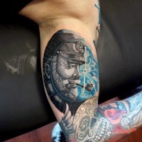 Unique designed and painted colored smoking old sailor tattoo on biceps