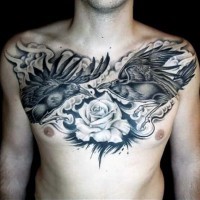 Unique designed black and white crows with rose tattoo on chest