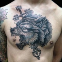 Unique designed black and white wolf with antic key tattoo on chest