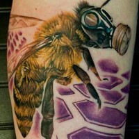 Unique designed colored arm tattoo of bee in gas mask