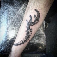 Unique designed engraving style mystical knife tattoo on arm with deers horn