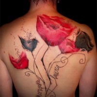 Unique painted big flower shaped colored tattoo with lettering on back