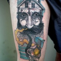 Unique painted mystical smoking person tattoo on thigh