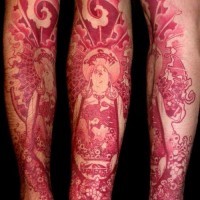 Unique red ink buddhist tattoo on arm