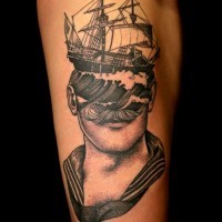 Unique style designed nautical themed tattoo on thigh
