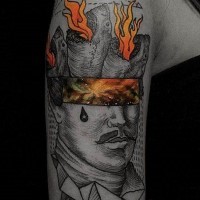 Unique style painted and colored half portrait half geometrical tattoo on arm