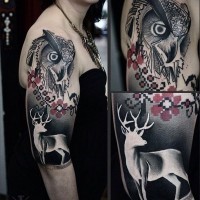 Unique style painted colored owl with big deer shoulder length tattoo